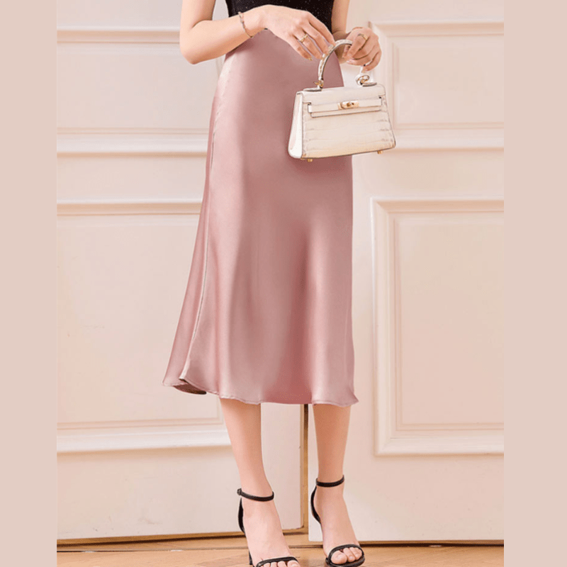 Marais Paris Jupe Midi Élégante en Satin - Fitted Waist, Flared Hemline-Women Skirt-Marais Paris-Rose-S-Marais Paris