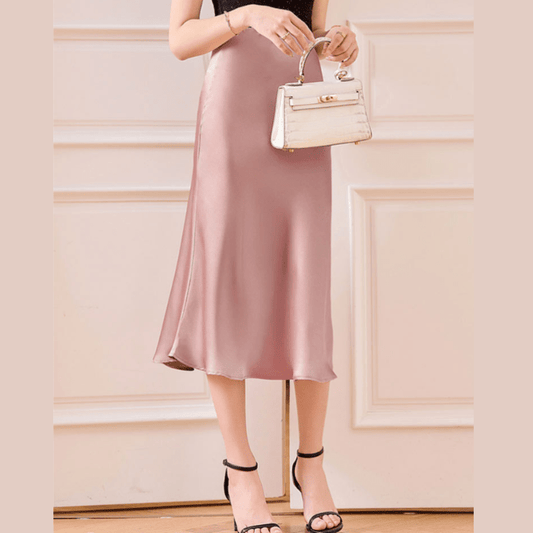 Marais Paris Jupe Midi Élégante en Satin - Fitted Waist, Flared Hemline-Women Skirt-Marais Paris-Rose-S-Marais Paris