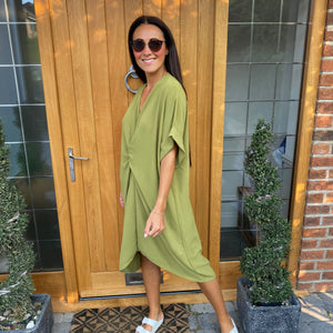 Robe Midi Détail Nœud Torsadé Manches Courtes-Belle Rose Fashion-Bellerose Fashion