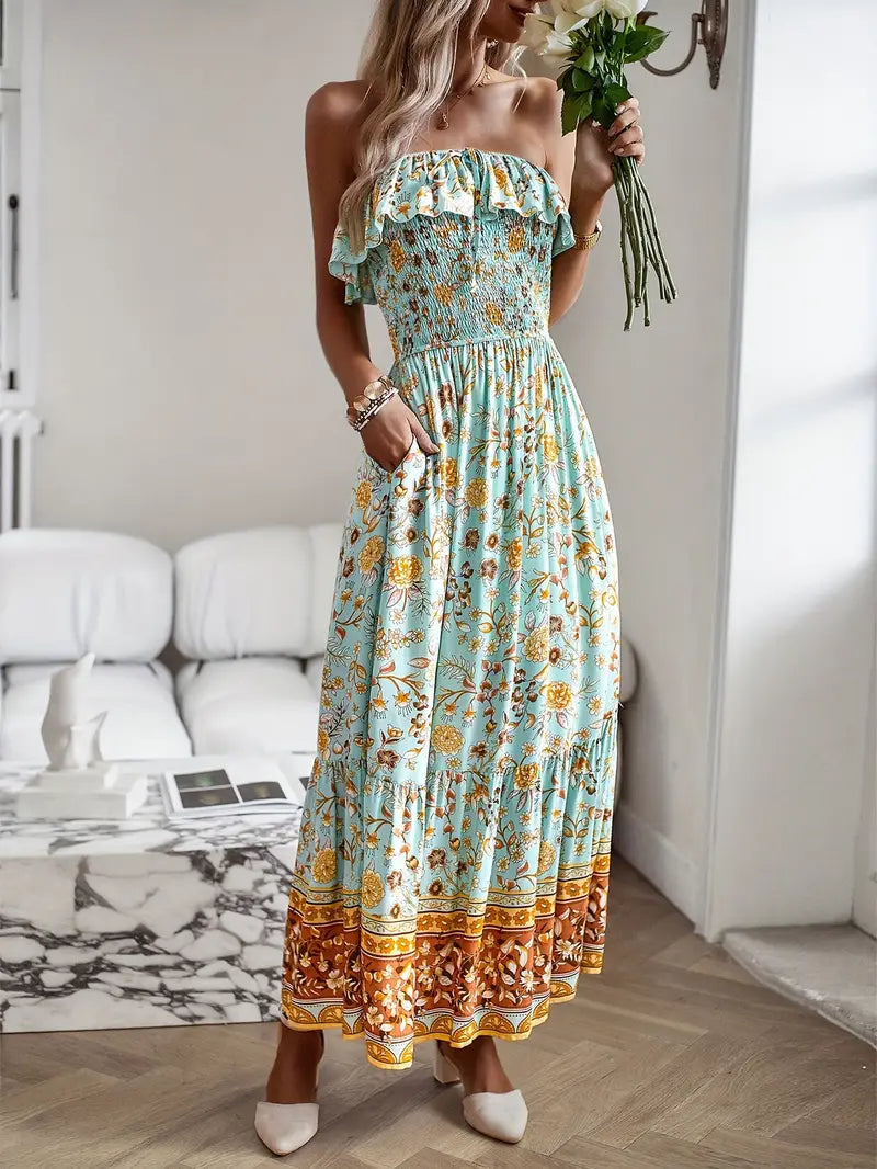 Robe Midi Florale Bohème - Sans Bretelles, Smockée, Fente Haute-Dresses-Marais Paris-Marais Paris