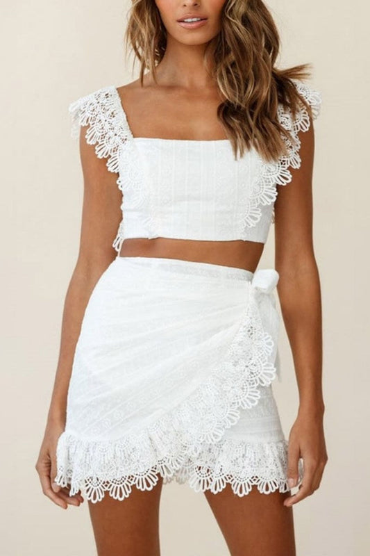 Ensemble Crop Top et Jupe Portefeuille Dentelle - Style Bohème Romantique-Sets-Marais Paris-Blanc-S-Marais Paris