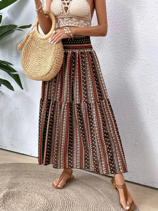Jupe Bohème Fluide - Taille Haute, Motifs Paisley, Longueur Midi/Maxi-Marais Paris-Marron-S-Marais Paris