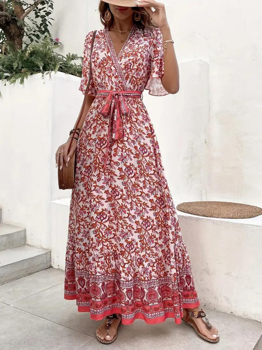 Robe Maxi Fleurie Décolleté V Taille Nouée Manches Courtes Fluide Bohème Été Plage-Marais Paris-Marais Paris