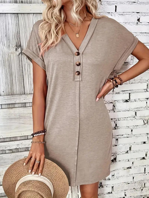 Robe Décontractée Coupe Trapèze Manches Courtes Encolure en V-Marais Paris-Khaki-S-Marais Paris