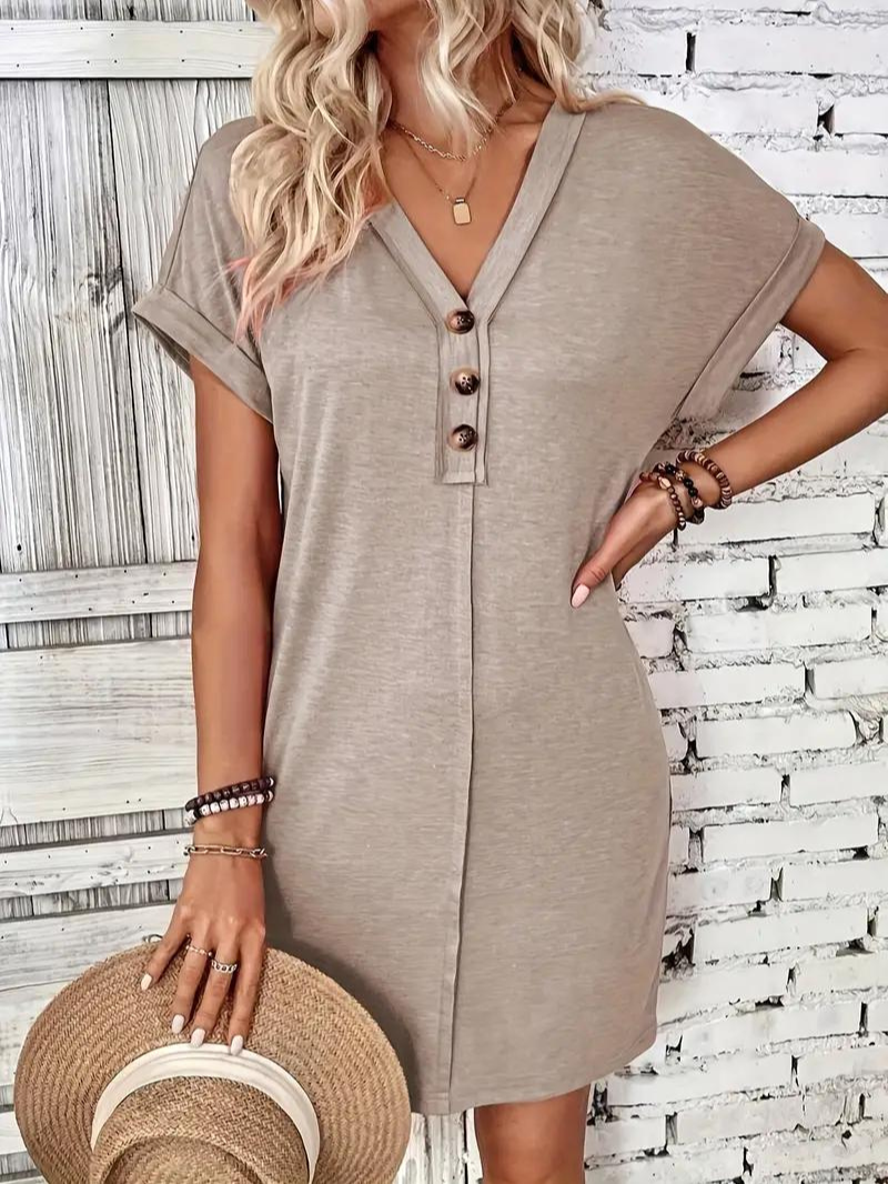 Robe Décontractée Coupe Trapèze Manches Courtes Encolure en V-Marais Paris-Khaki-S-Marais Paris