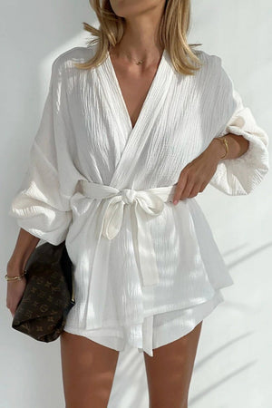 Ensemble Femme Top Cache-Cœur Short Taille Haute Ceinture Assortie-Sets-Marais Paris-Blanc-S-Marais Paris