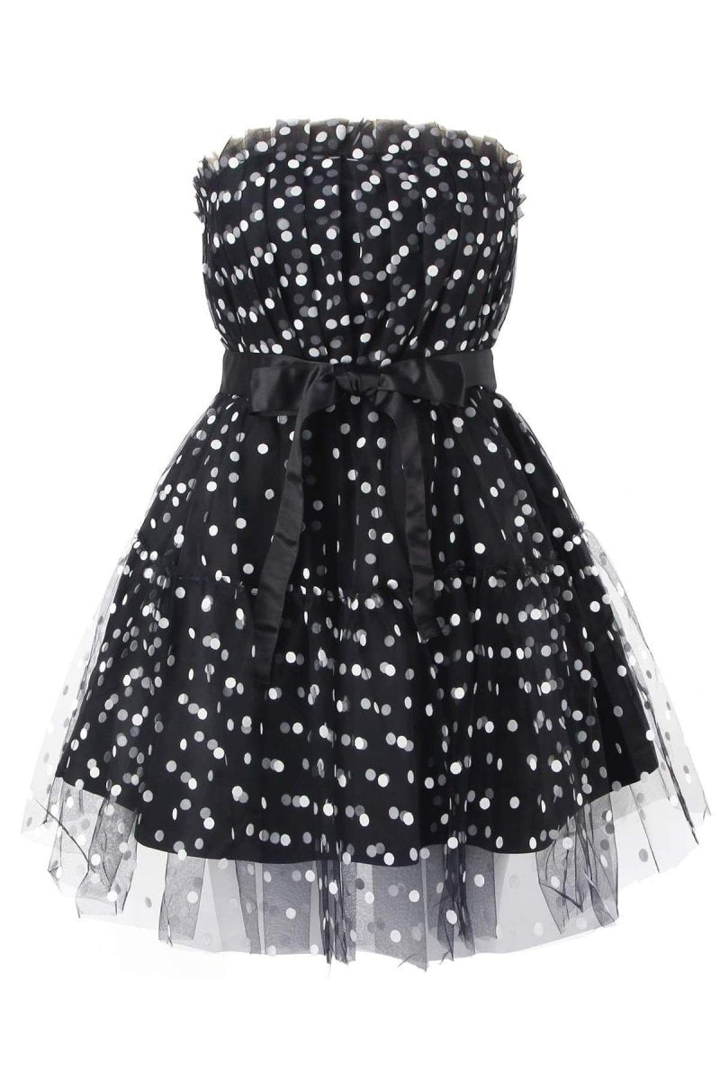 Robe à pois, sans bretelles, nœud satiné, jupe à volants-Dresses-Marais Paris-Marais Paris