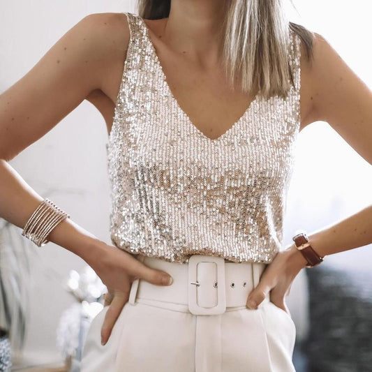 Haut à Sequins Glamour - Encolure V, Sans Manches-Shirts & Tops-Marais Paris-Beige-S-Marais Paris