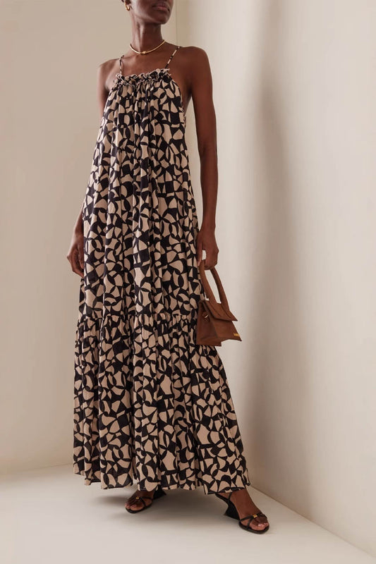 Robe Maxi Bohème Chic Géométrique - Halter, Jupe à Volants-Midi Dresses-Marais Paris-Noir-S-Marais Paris
