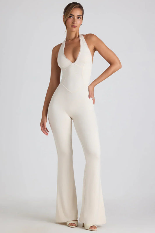 Combinaison Femme Col Licou – Jambe Évasée Nervurée Ajustée-83502-d9a8783a-d00a-4abf-9508-89315dc2cac5