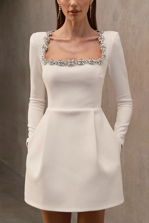Robe Coupe A-Ligne, Encolure Carrée Ornée, Manches Longues-Mini Dress-Marais Paris-Marais Paris
