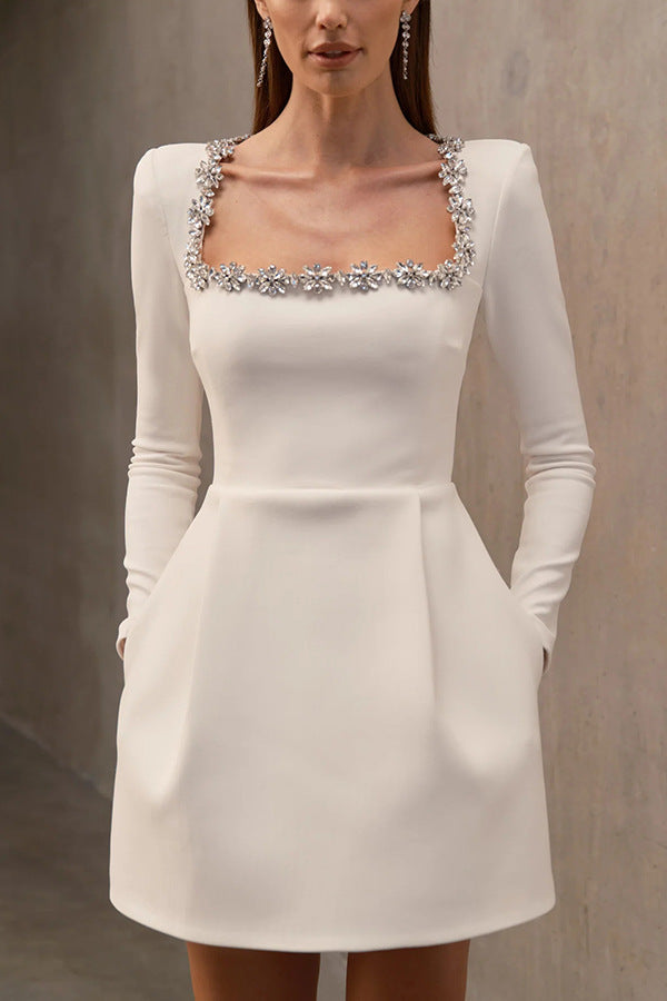 Robe Coupe A-Ligne, Encolure Carrée Ornée, Manches Longues-Mini Dress-Marais Paris-Marais Paris
