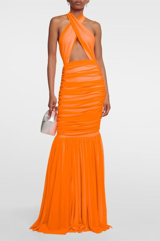 Robe Longue Halter, Coupe Moderne, Jupe Plissée-Dresses-Marais Paris-Orange-S-Marais Paris