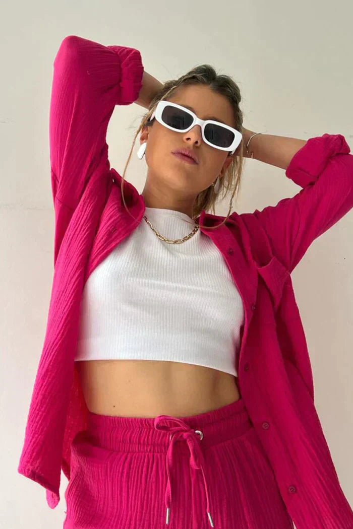 Ensemble Coordonné Détente - Chemise, Débardeur & Short Confortable-Shorts Sets-Marais Paris-Rose-S-Marais Paris
