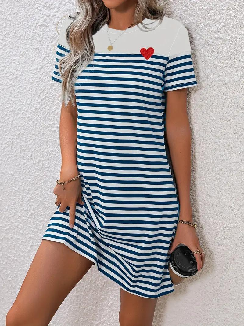Robe Rayée Femme - Cœur Rouge, Manches Courtes, Coupe Trapèze-Dresses-Marais Paris-Bleu Clair Et Blanc-S-Marais Paris