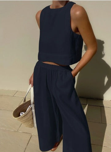 Ensemble Femme Cropped Top & Pantalon Large Taille Élastique-Pants-Marais Paris-Bleu Marine-S-Marais Paris
