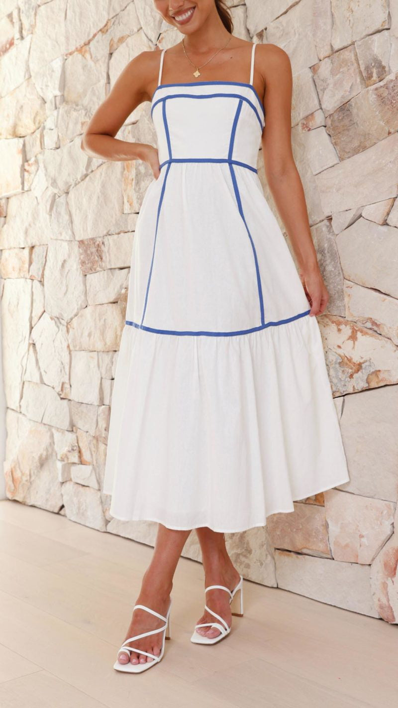 Robe Midi Estivale - Bretelles Fines, Bordure Contrastante, Jupe à Volants-Marais Paris-Bleu-S-Marais Paris