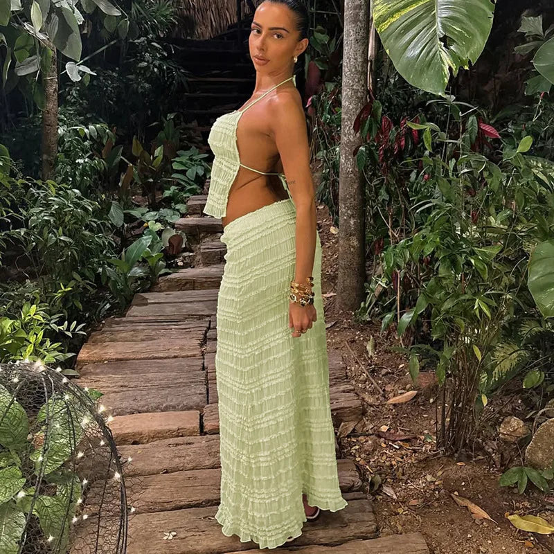 Ensemble Deux Pièces Femme – Haut Licou Texturé & Jupe Midi, Taille Cordon, Plusieurs Couleurs-83709-df45448c-d422-458b-bd47-f97e5124c830