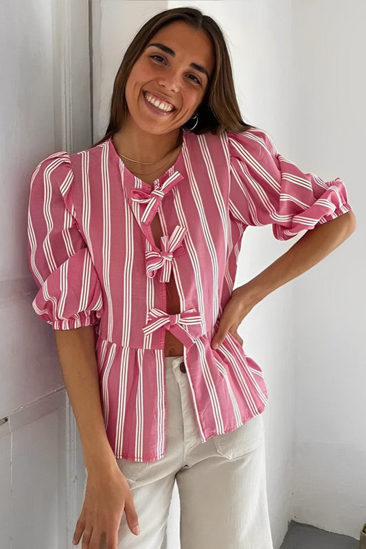 Marais Paris Women's Blouse Rayée Rose & Blanc à Nœuds, Manches Courtes-83300-dfee227f-12fe-4beb-9804-bbb1bcfd82fe