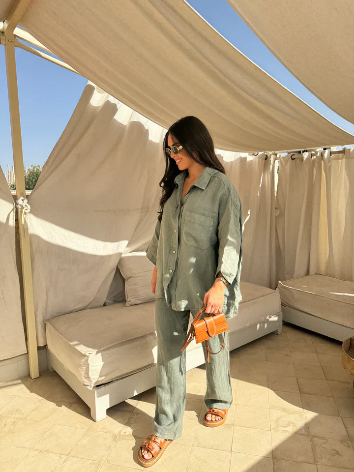 Ensemble Deux Pièces Femme – Chemise Boutonnée & Pantalon Ample Lin, Coupe Décontractée, Plusieurs Couleurs-82126-e309de9a-6e4c-4f25-885b-13fae0f03f4e