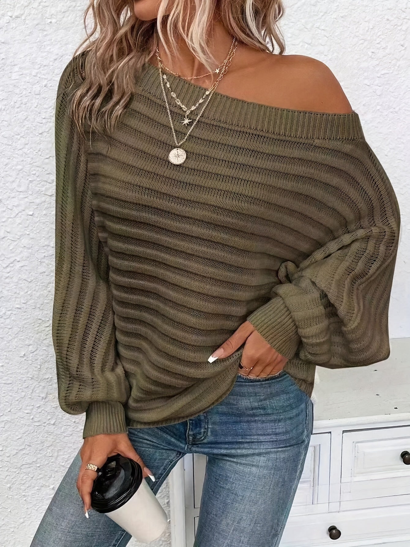 Robe Femme Maille Côtelée Épaules Dénudées Manches Longues-74368-e505ed07-5504-4a85-a2f2-b3eef277c3e6