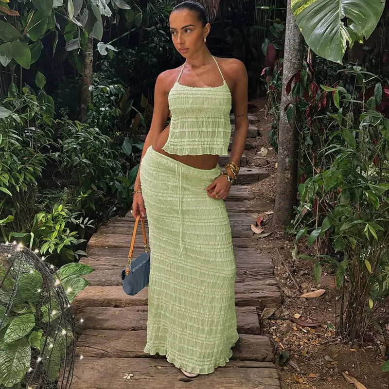 Ensemble Deux Pièces Femme – Haut Licou Texturé & Jupe Midi, Taille Cordon, Plusieurs Couleurs-83709-ec5c869a-779a-4df5-bc25-3b0bbb28d2bd