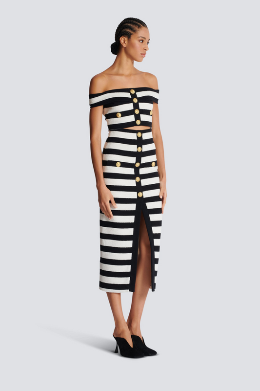 Robe Deux-Pièces Rayée - Ensemble Élégant avec Boutons Dorés-Sets-Marais Paris-Noir-XS-Marais Paris