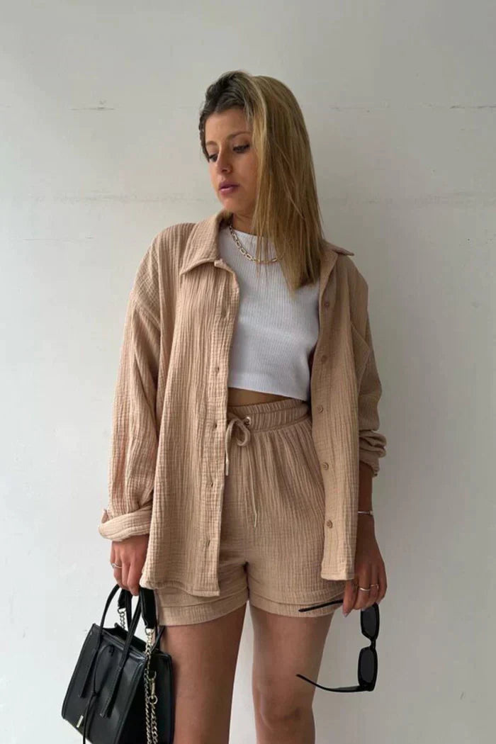 Ensemble Coordonné Détente - Chemise, Débardeur & Short Confortable-Shorts Sets-Marais Paris-Beige-S-Marais Paris