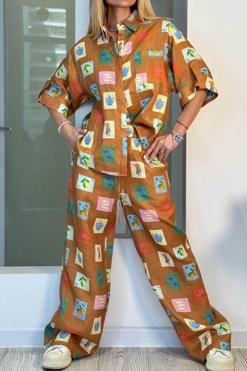 Ensemble Deux Pièces Bohème Imprimé - Pantalon Large, Chemise Manches Courtes-Sets-Marais Paris-Abricot-S-Marais Paris