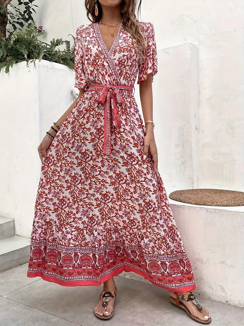 Robe Maxi Fleurie Décolleté V Taille Nouée Manches Courtes Fluide Bohème Été Plage-Marais Paris-S-Marais Paris