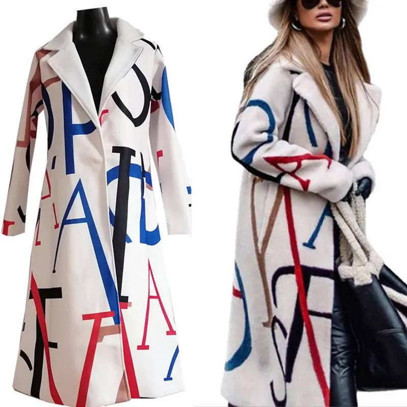 Femme Manteau Long Laine Crème – Lettres Audacieuses, Coupe Relax, Style Urbain-55072-59499662082391